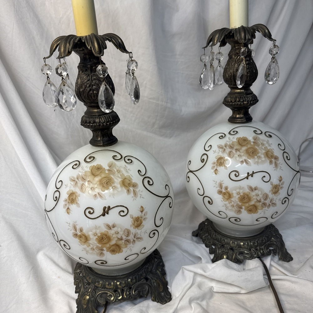 2 Hand Painted Dual Light Globe Ornate Brass Crystal Lamp Hollywood Regency Pair